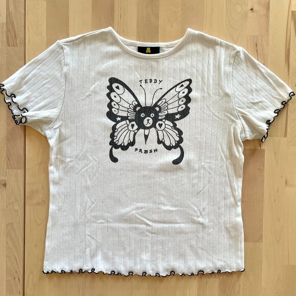 Teddy Fresh Women's Bear Butterfly White Pointelle Lettuce Edge Blouse size Med - Picture 1 of 5